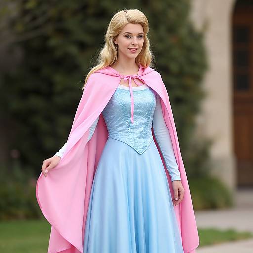 Photograph of a blonde woman dressed as Cinderella in a light blue dress with a pink cape, standing outdoors with blurred greenery and a building in