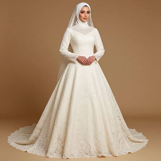 Photograph of a beautiful Middle Eastern woman in a white, long-sleeved, lace wedding gown with a full skirt and veil, standing against a