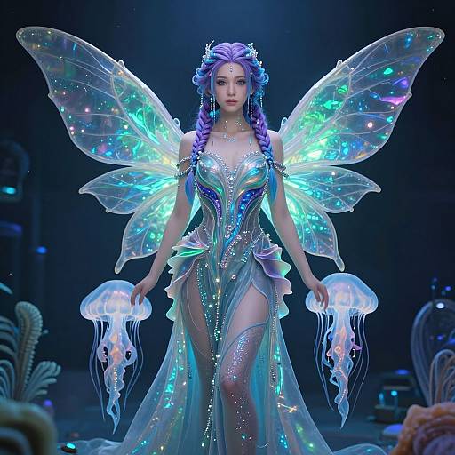 Digital artwork of a radiant, ethereal fairy with glowing blue-green wings, lavender hair, holding translucent jellyfish. She wears a shimmering, transparent