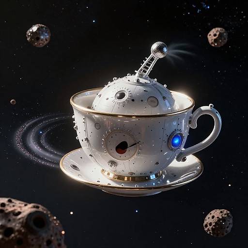Sci-fi digital art: A glowing, silver teacup with a robotic dome lid, blue eye, and antennae, floating in space surrounded by