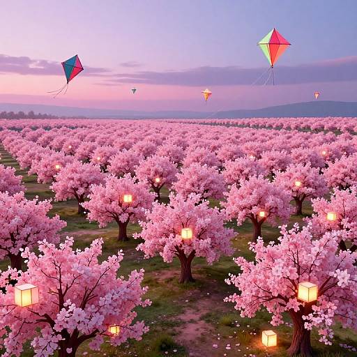 Digital artwork: Pink cherry blossom field at dusk with glowing lanterns and colorful kites flying under a purple-pink sky.