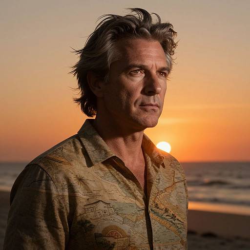 Photograph of a middle-aged man with wavy gray hair, wearing a patterned shirt, standing on a beach at sunset. Orange sky, sun