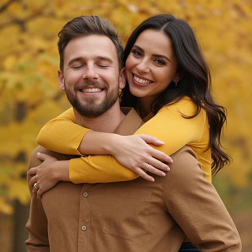 Photograph of a smiling couple in autumn; man in brown shirt, woman in yellow top, hugging, yellow leaves in background.