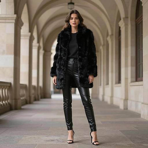Elegant Woman in Stylish Stone Corridor
