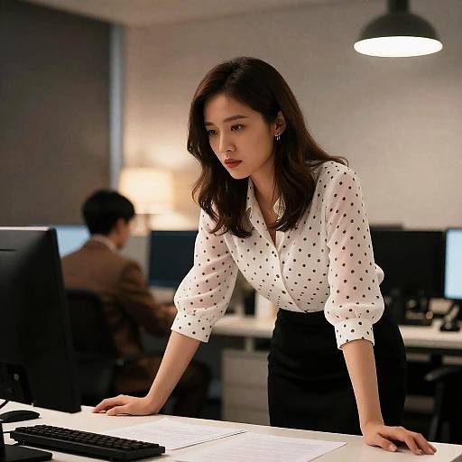 Focused Woman in Dimly Lit Office