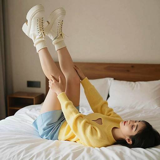 Woman Lying on Bed with Legs Raised