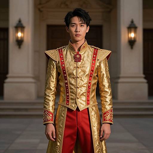 Asian Man in Ornate Golden and Red Costume