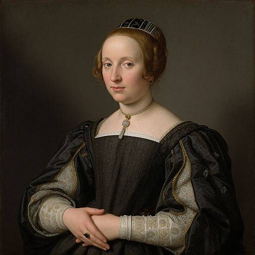 Renaissance portrait of a pale-skinned woman with brown hair, wearing a black gown with gold embroidery, pearl necklace, and black headpiece,