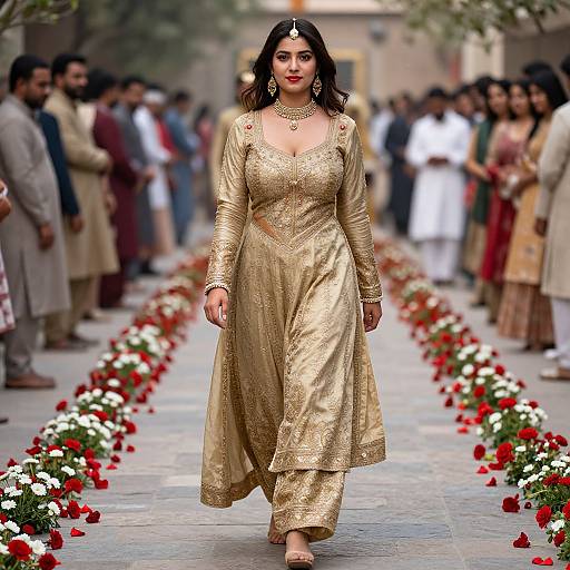 Photograph of a confident South Asian woman in a gold traditional outfit, walking down a flower-lined pathway at a cultural event.