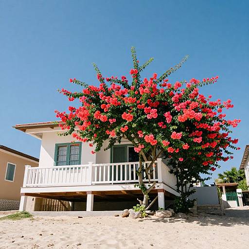Photograph of a white beach house with a vibrant red bougainvillea tree in full bloom, under a clear blue sky.