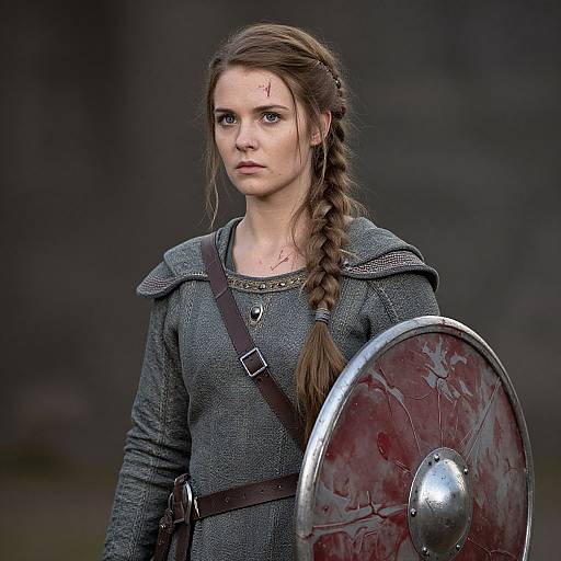 Photograph of a young woman with braided brown hair, wearing a gray medieval tunic, holding a blood-stained metal shield, with a serious