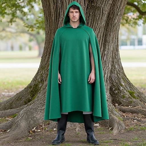 Man in Green Cloak by Tree
