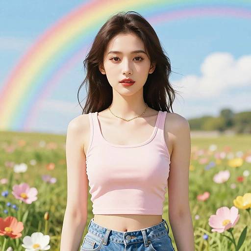 Young Asian woman with long black hair, wearing a pink crop top and blue jeans, stands in a colorful flower field under a vibrant rainbow in a bright