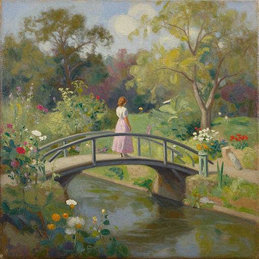 Impressionist painting of a woman in a pink dress crossing a bridge over a garden stream, surrounded by vibrant flowers and trees.