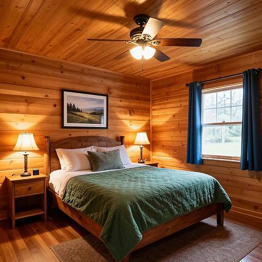 Cozy wooden cabin bedroom with green quilted bedspread, wooden ceiling, blue curtains, framed landscape, two table lamps, and ceiling fan.