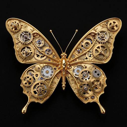 Digital art of a golden, intricately designed butterfly with clock gears and cogs on its wings, set against a black background.