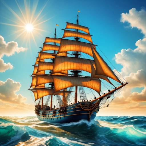 Sailing Ship with Golden Sails at Sunset