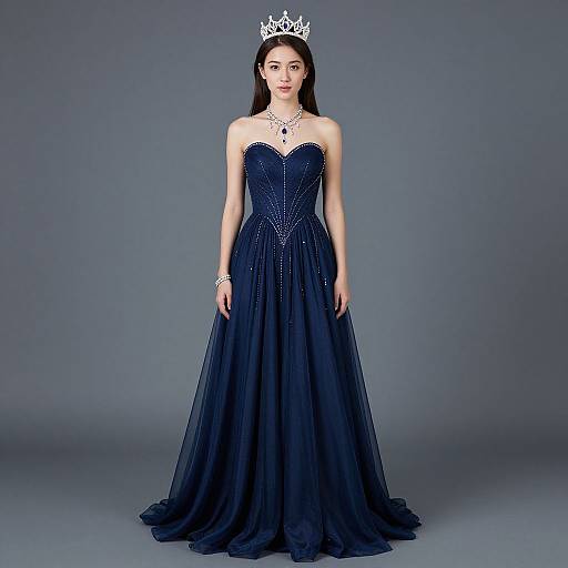 Photograph of a slender woman with fair skin, wearing a strapless, dark blue, sparkling ball gown and a silver crown, standing against a plain