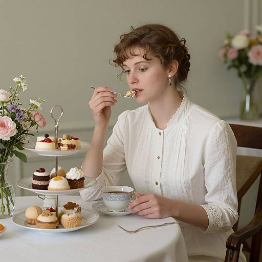 Photograph of a fair-skinned woman with curly brown hair, wearing a white embroidered blouse, delicately eating from a fork at a tea table with