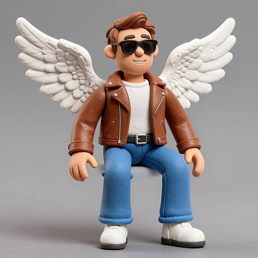 CGI image of a male figure with brown hair, black sunglasses, brown leather jacket, white shirt, blue jeans, white shoes, and white feather