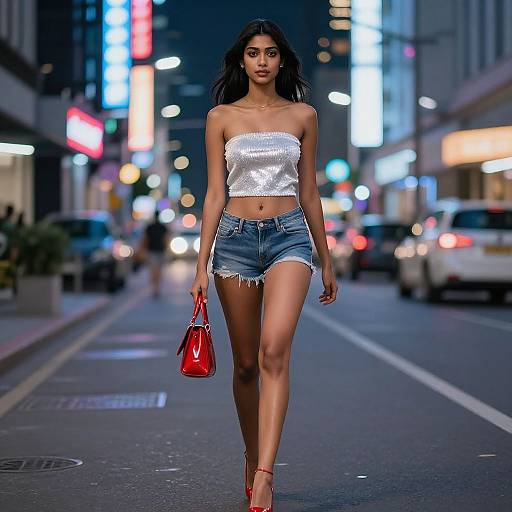 Photograph of a slender, dark-haired woman in a silver tube top and frayed denim shorts, carrying a red handbag, walking confidently down a