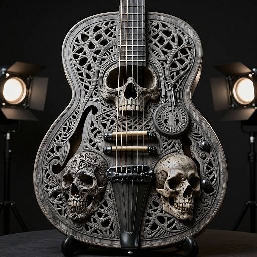 Photograph of intricately designed acoustic guitar with embossed skulls and ornate patterns, illuminated by two studio lights in dark background.