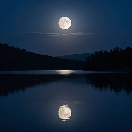 Photograph of a full moon shining brightly over a calm, reflective lake with silhouetted tree-lined shores under a deep blue night sky.