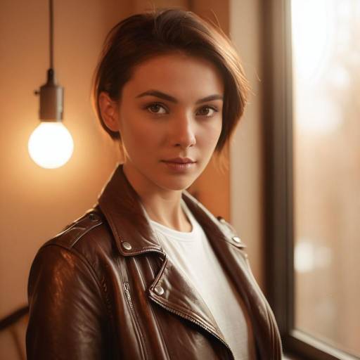 Young Woman in Brown Leather Jacket Indoors