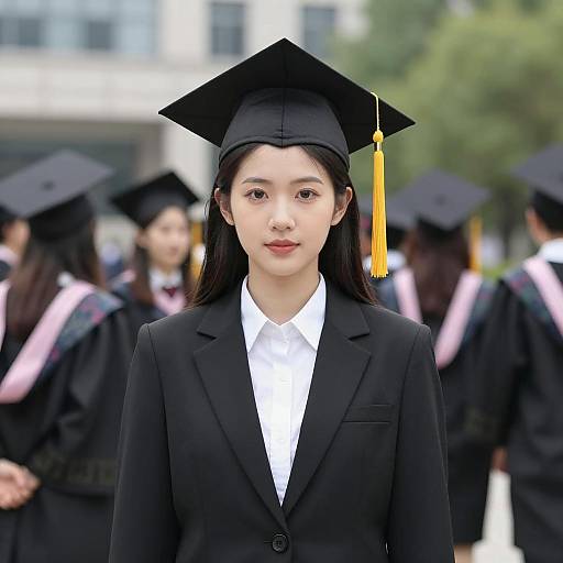 Asian Female Graduate in Black Cap and Gown