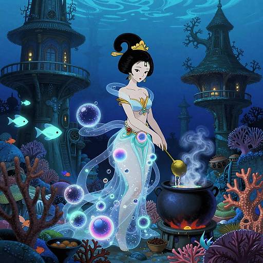Digital illustration of a mermaid-like woman with black hair in a bun, wearing a golden crown and translucent dress, stirring a bubbling cauldron