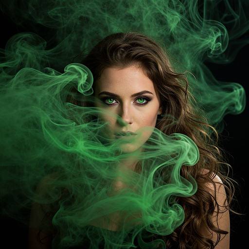 Photograph of a woman with intense green eyes and long brown hair, enveloped in swirling green smoke against a dark background.