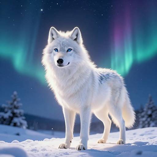 Photograph of a glowing white wolf standing in snow under a vibrant aurora borealis, with blue and green lights in the night sky.