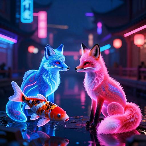 Neon Fox Facing Bioluminescent Koi