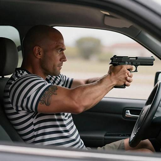 Bald Muscular Shooter in Striped Shirt