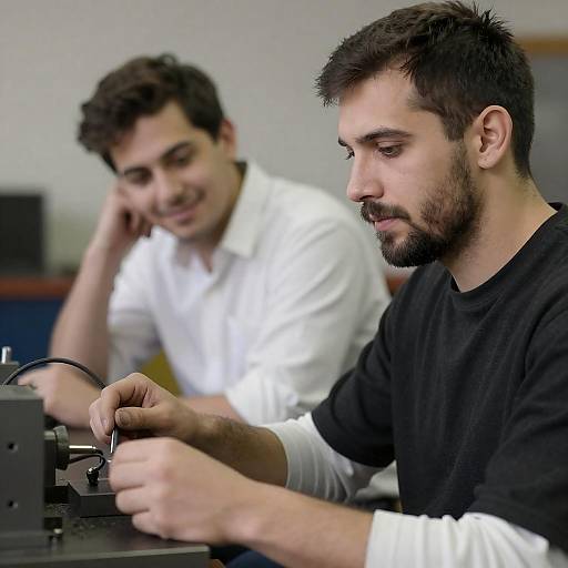 Two Men Working on Metal Machine in Workshop