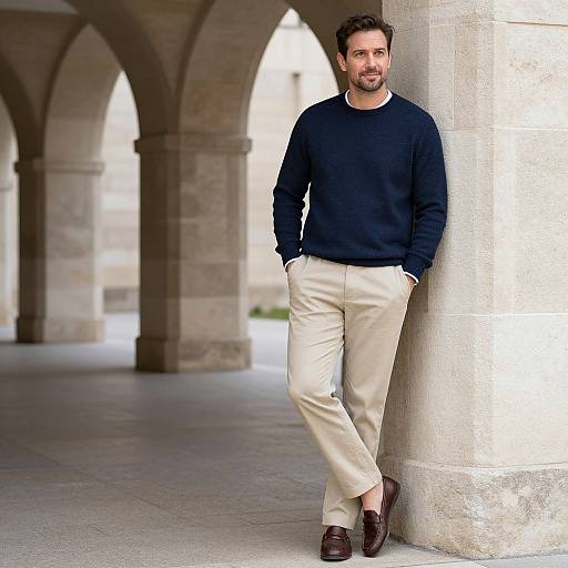 Photograph of a handsome bearded man with dark hair, wearing a navy sweater, beige pants, and brown loafers, leaning against a stone arch