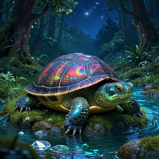 Digital fantasy artwork of a glowing, multicolored turtle with neon patterns, standing in a bioluminescent forest stream under a starry night sky