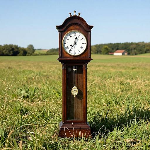 Photograph of a dark wooden, vintage-style clock standing in a sunlit, green grassy field with a clear blue sky and distant trees and red