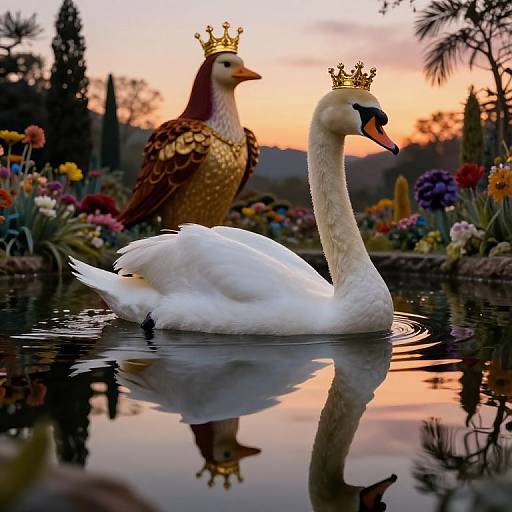 Photograph of a white swan and a red-and-gold bird wearing golden crowns, standing in a reflective pond at sunset, surrounded by colorful