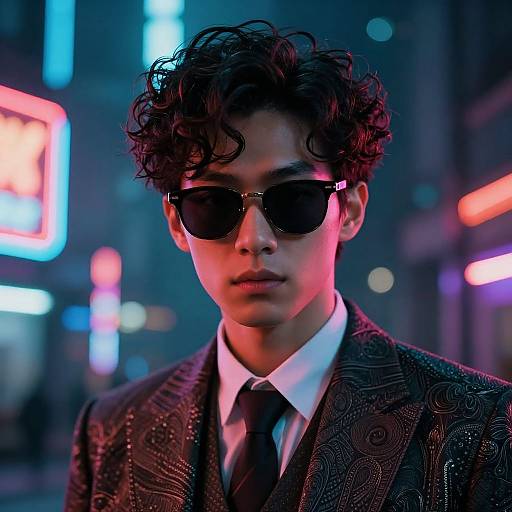 Photograph of a young Asian man with curly black hair, wearing dark sunglasses, a patterned black suit, white shirt, and black tie, illuminated