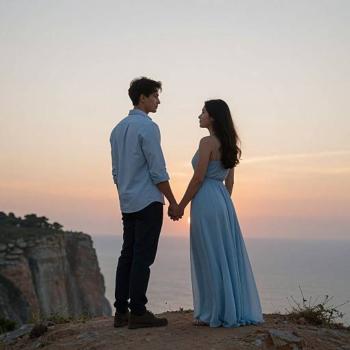Photograph of a silhouetted couple holding hands against a sunset over a rocky coastline, with the woman in a flowing blue dress and the man