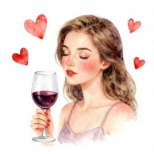 Watercolor-style illustration of a woman with closed eyes, holding a glass of red wine, surrounded by red hearts. She has wavy brown hair,