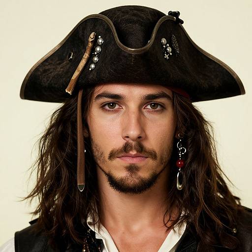 Photograph of a handsome man with long brown hair, mustache, and goatee, wearing a black pirate hat with earrings, against a white background