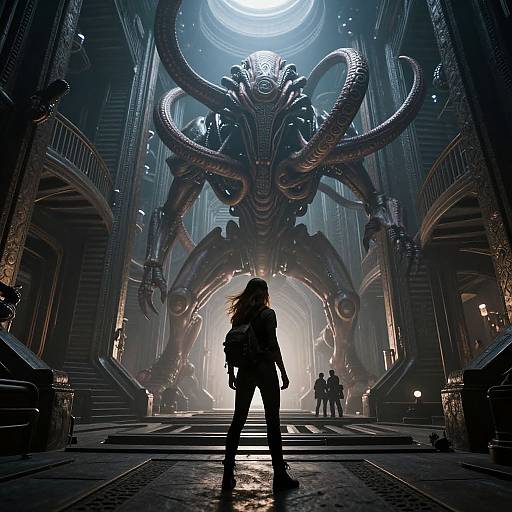 CGI image of a dark, futuristic cathedral with a massive, tentacled alien creature looming in the background. Silhouetted figure stands in