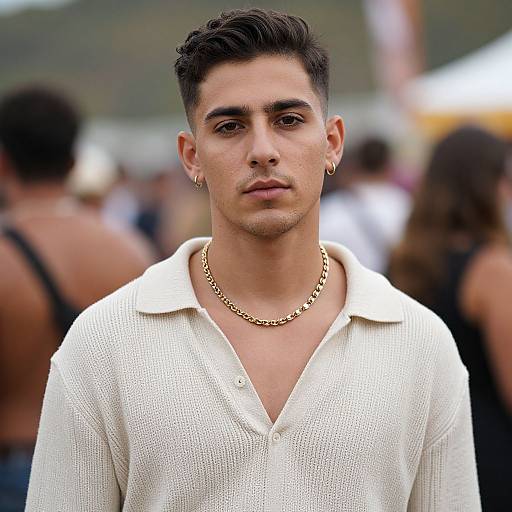 Photograph of a young man with short, dark hair, olive skin, and brown eyes, wearing a white, textured polo shirt, gold chain necklace