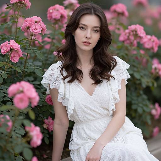 Photograph of a young woman with wavy dark hair, wearing a white lace dress, standing amidst vibrant pink roses.