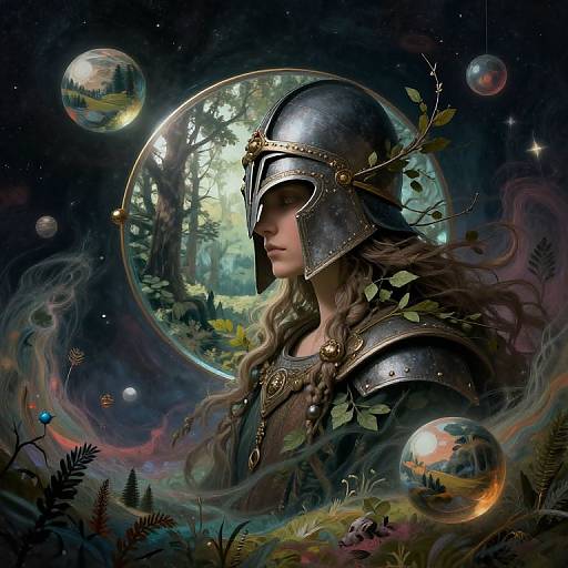 Digital fantasy artwork of a woman in medieval armor with a reflective helmet, surrounded by glowing orbs and a forest reflection.
