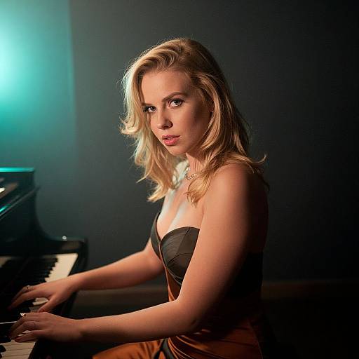 Photograph of a blonde woman with wavy hair, wearing a black strapless top, playing a piano in dim lighting with blue glow.