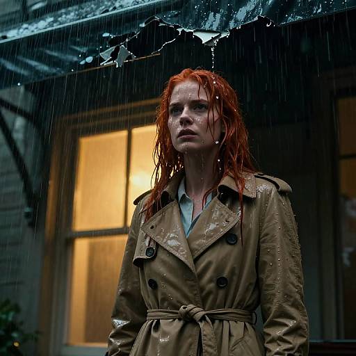 Photograph of a wet, red-haired woman in a brown trench coat standing in the rain under a broken, rain-soaked roof. Warm yellow light