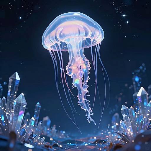 Photorealistic digital artwork of a glowing, translucent jellyfish with long, flowing tentacles above a sparkling blue crystal cave.